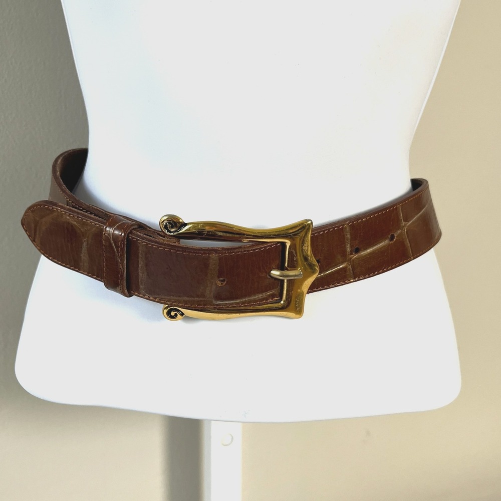 Vtg Linea Pelle Belt‎ Croc Embossed Leather Brown/Gold Tone Buckle Italy M Boho